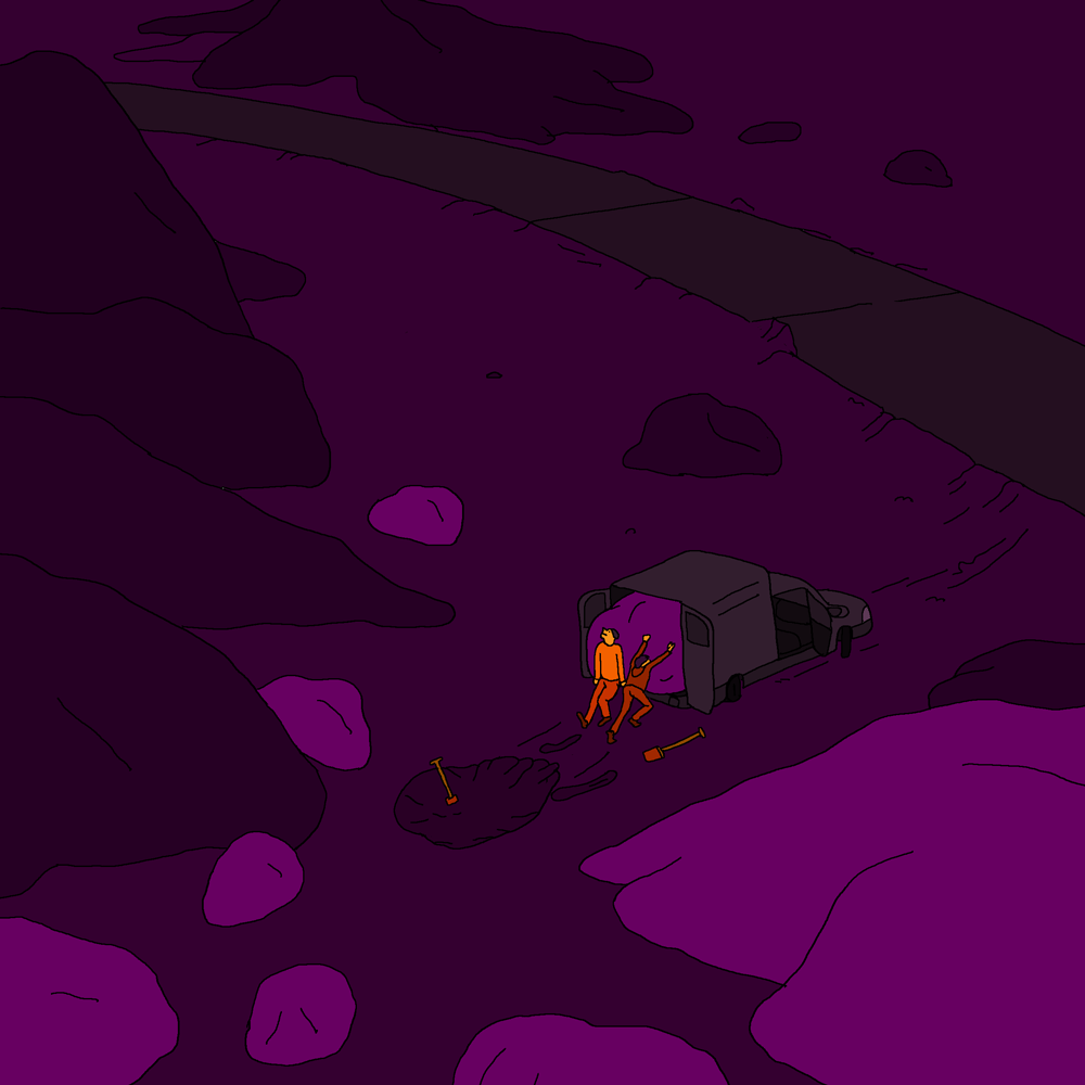 Illustration : deux hommes dans la nuit, montent une énorme pierre dans leur voiture