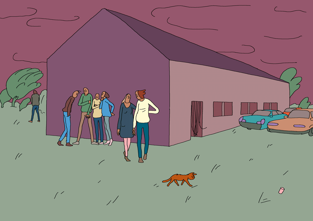 Illustration : des personnages prennent l'air devant une grande maison