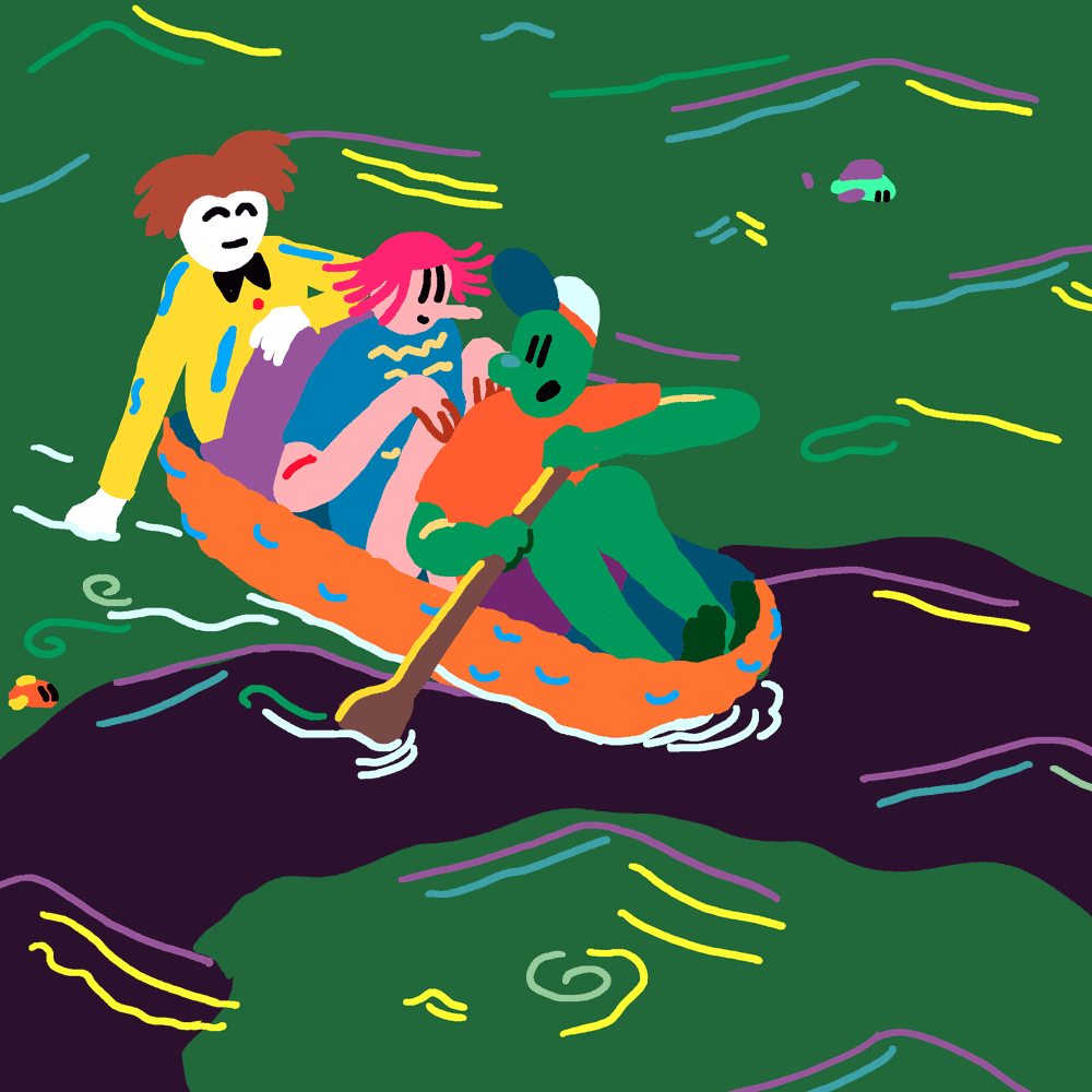 Illustration : des copains se promènent sur une barque
