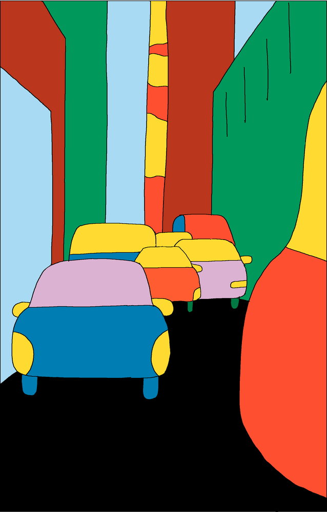 Illustration : une voiture se fraie un chemin dans la ville