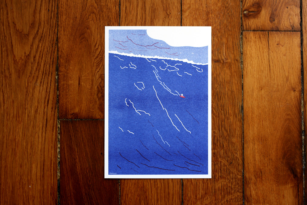 Illustration : un surfeur descend une énorme vague