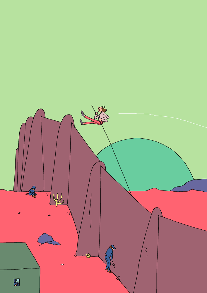 Illustration : un homme franchi un mur de frontière en faisant du saut à la perche