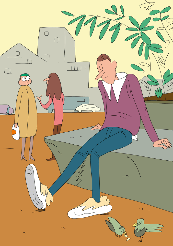 Illustration : un jeune homme observe ses chaussures avec fierté, assis sur un bac à fleur