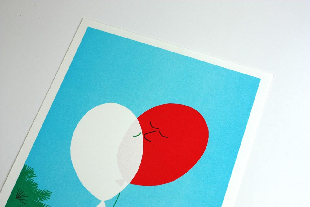 Affiche A3 Riso sur laquelle sont dessinés deux ballons baudruches qui se font un bisous
