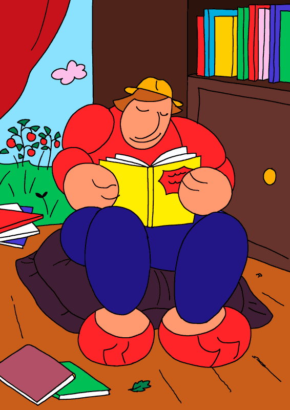 Illustration : un homme lit un livre sur un gros coussin