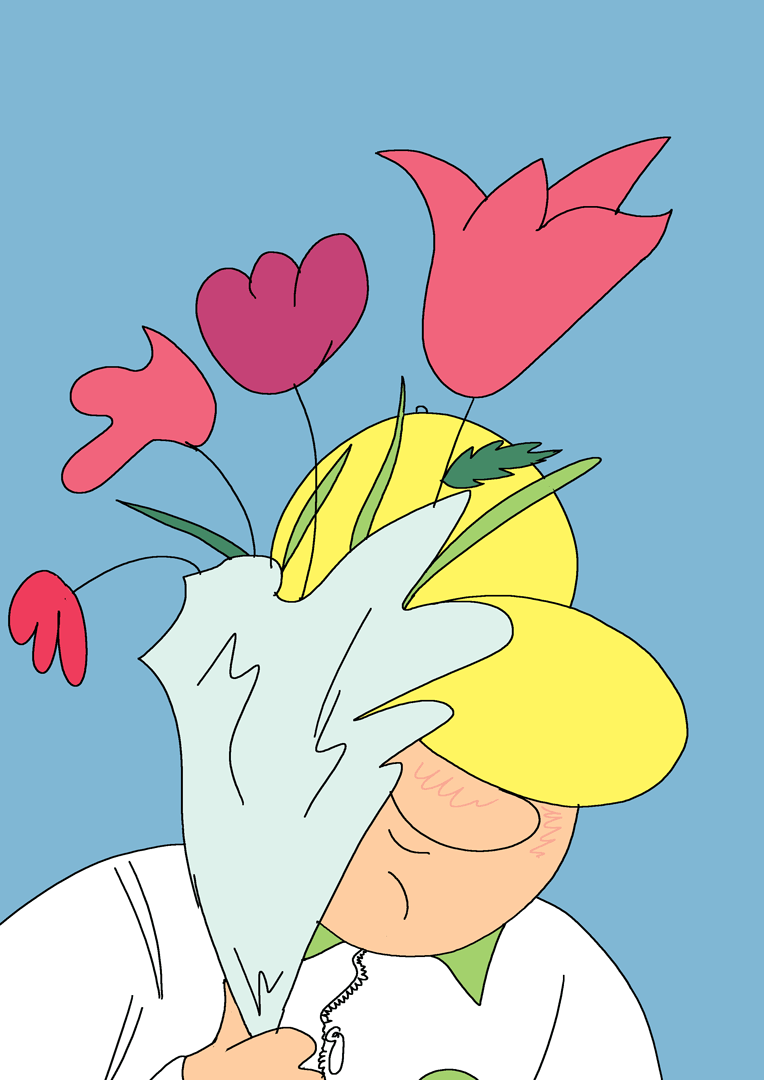 Un homme porte un grand bouquet de fleurs