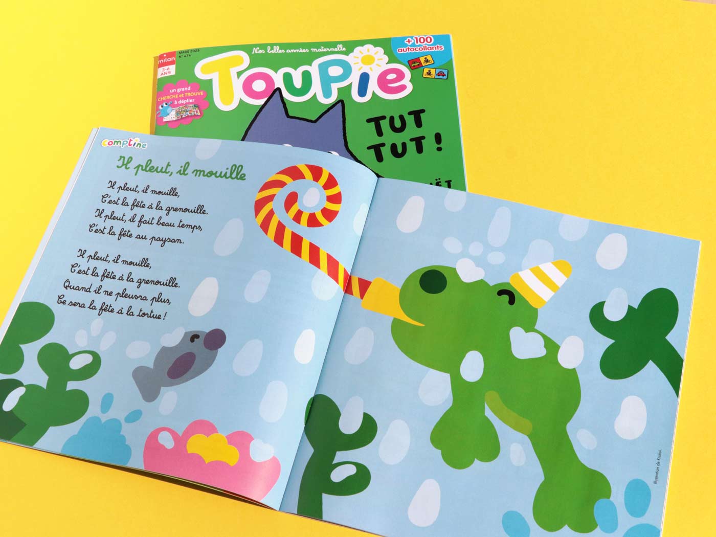 Illustration de la comptine "Il pleut il mouille" - Krocui Illustration d'une comptine pour le magazine pour enfants Toupie - Krocui - photo des pages